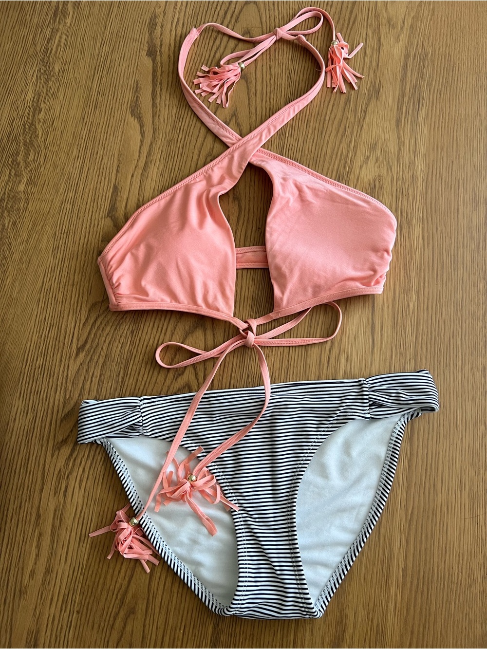 Never Worn Pink Halter Bikini Top with Navy & White Striped Bottom - Size M